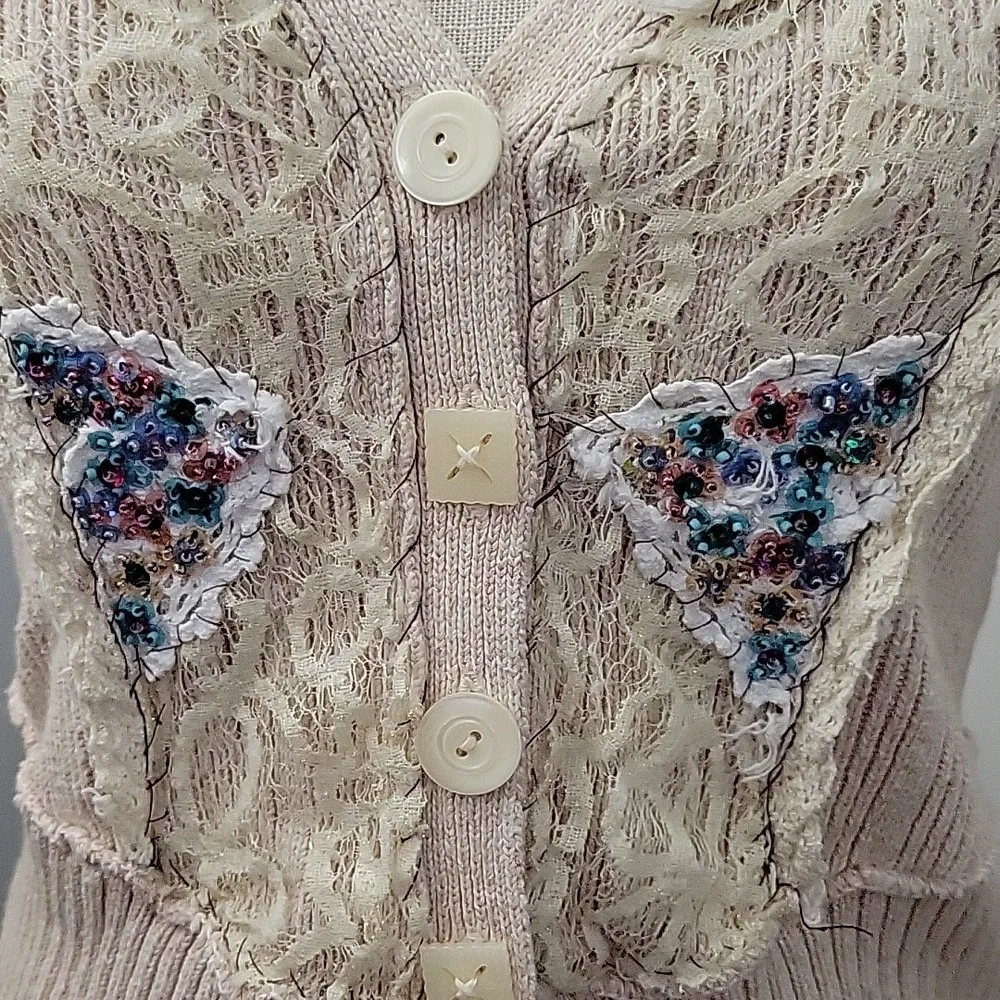 Free People Women's Cream Cardigan with Floral Embroidery And Lace - Picture 4 of 8